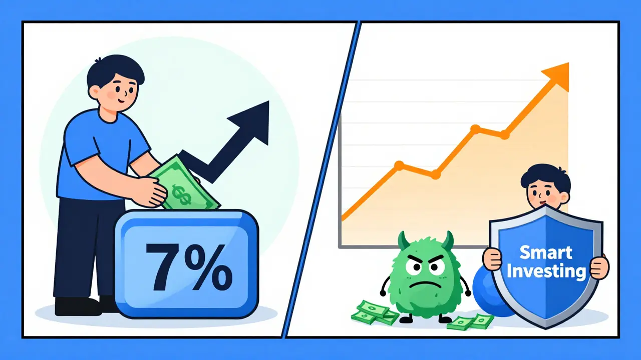 A person investing savings into a high-yield account and debt fund, with inflation being blocked by smart financial choices.
