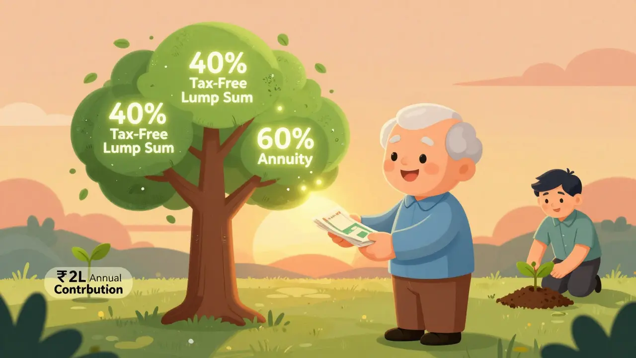 A retiree receiving annuity payments from a glowing NPS tree while their younger self plants a contribution seed.