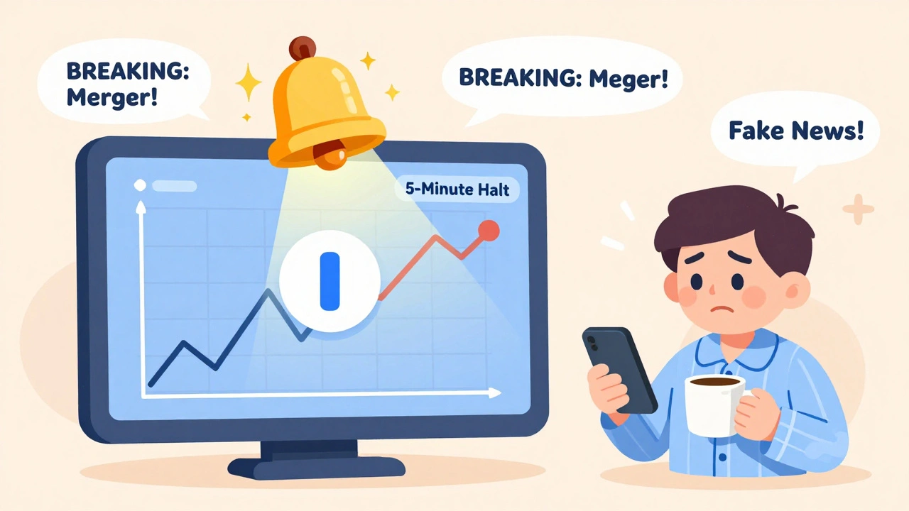 A small-cap stock chart halts with a 5-minute pause alarm, trader stares at phone with floating rumors.