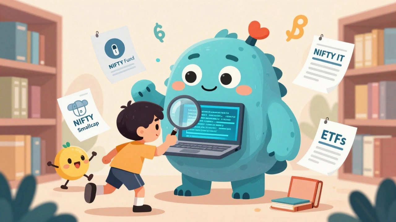 A student examines a friendly NIFTY IT monster made of tech elements, surrounded by other sector indices.