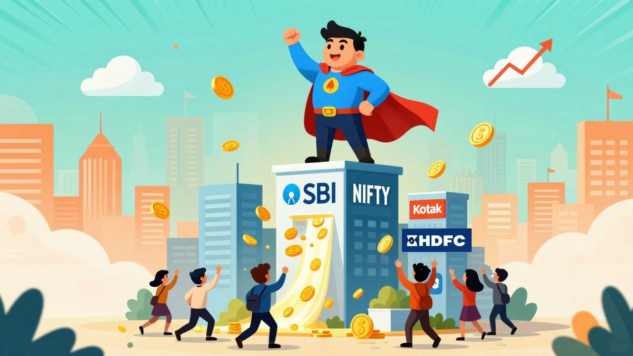 A superhero named NIFTY Bank stands tall on a tower of banks, with investors cheering below.