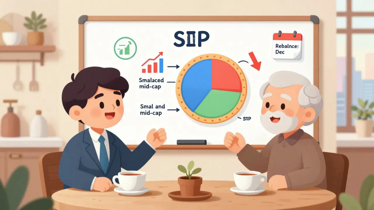 A young professional and retiree compare personalized SIP allocation charts on a kitchen whiteboard.
