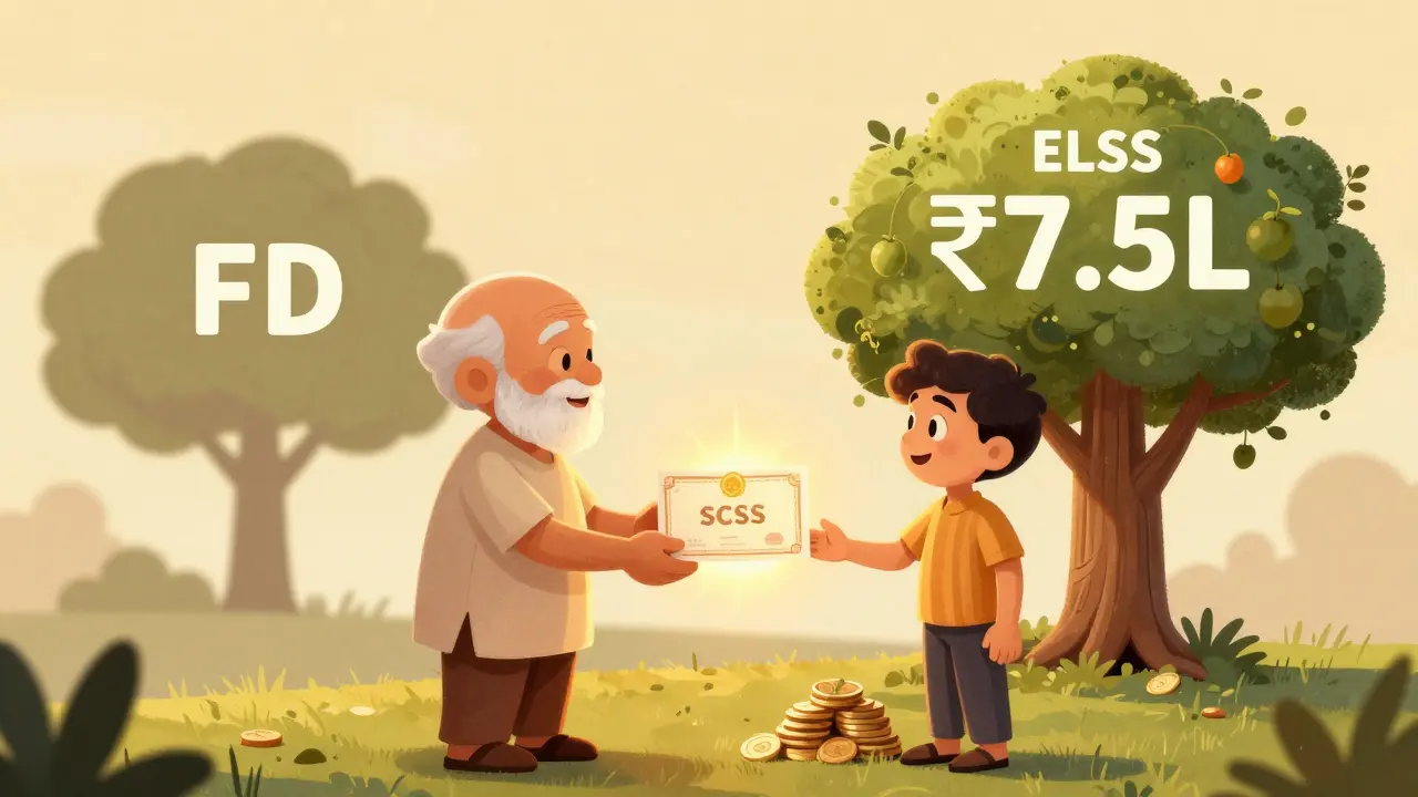 An elderly man receives SCSS payouts while a younger version watches ELSS investments grow into a wealth tree.