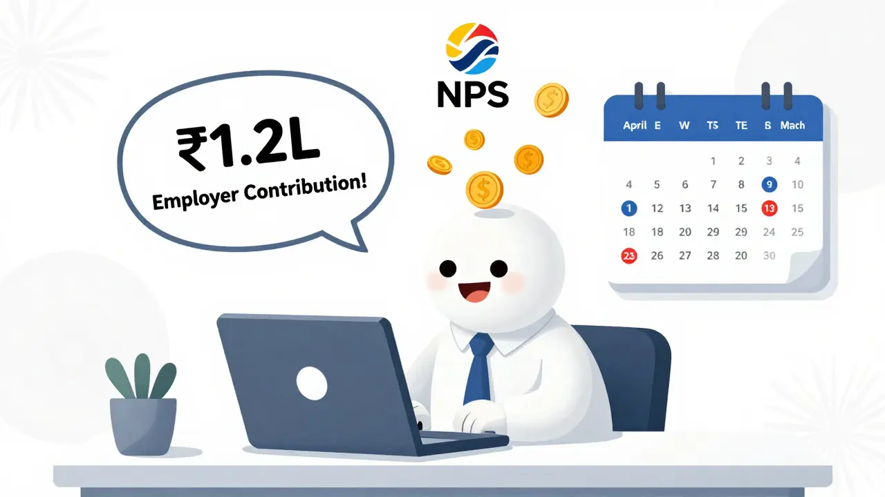 An employee at a desk with a laptop showing NPS dashboard and floating employer contribution of ₹1.2L.