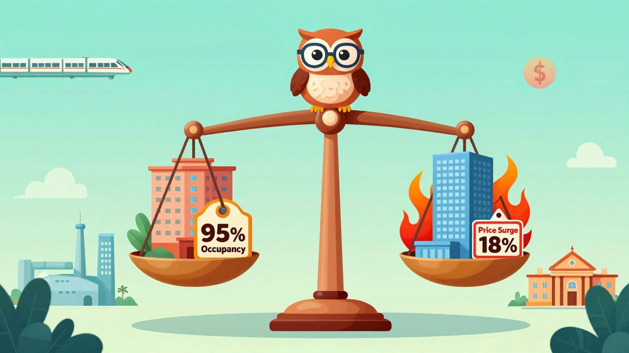 Balanced scale showing Pune stability versus Bengaluru volatility with metro and factory icons