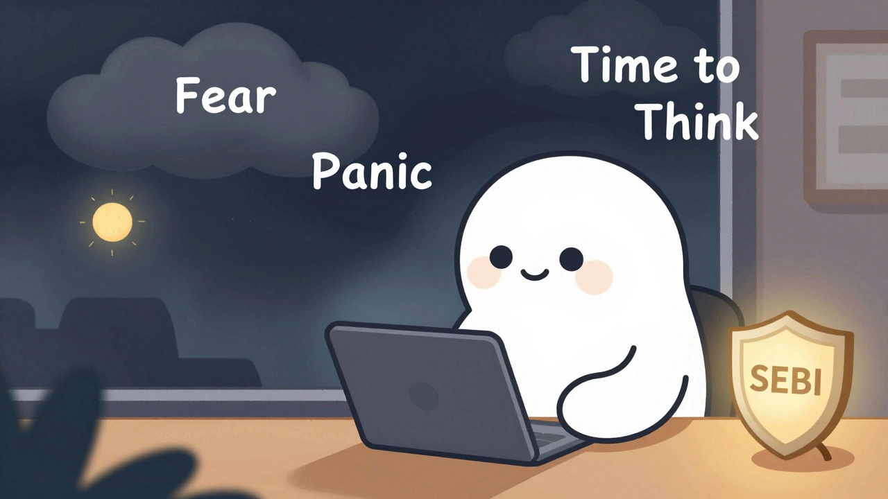 Calm investor reviews portfolio during market halt, storm clouds of fear fade as sun of thinking shines.