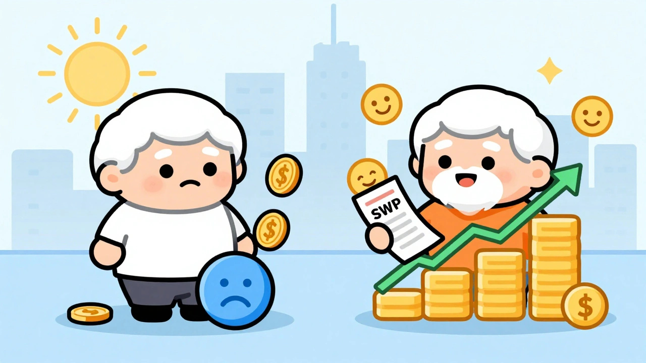 Comparison of fixed deposit losing value versus a growing mutual fund with SWP for retirement income.