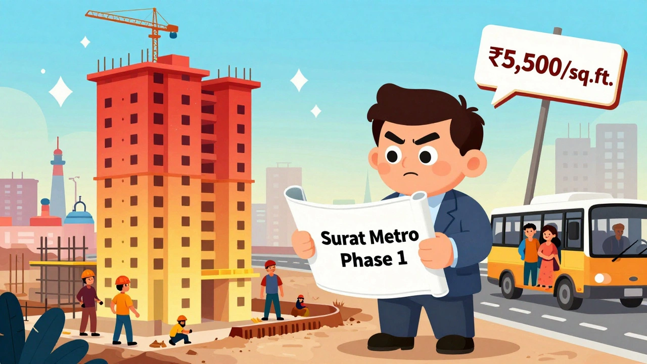 Investor beside Surat construction site with diamond motifs and low price sign