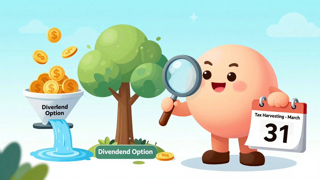 Investor choosing growth option over dividend fund, with tax funnel and compound growth tree.