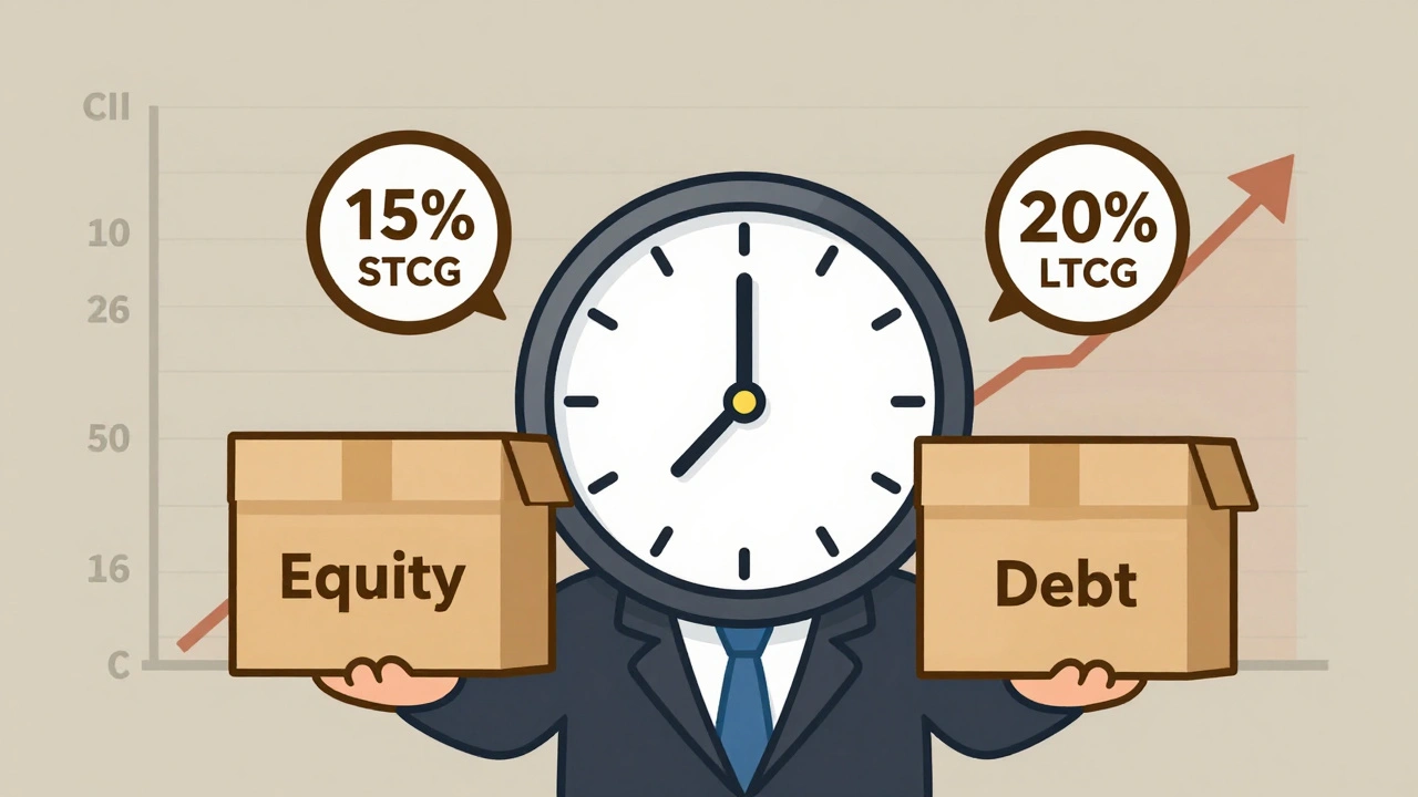 Investor comparing equity and debt mutual fund time periods with tax icons floating above.