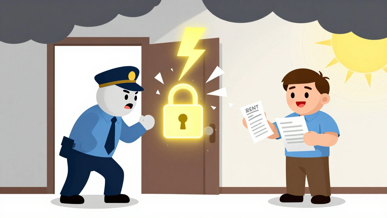 Landlord being reprimanded for cutting utilities, while tenant holds proof of payment and a notice.