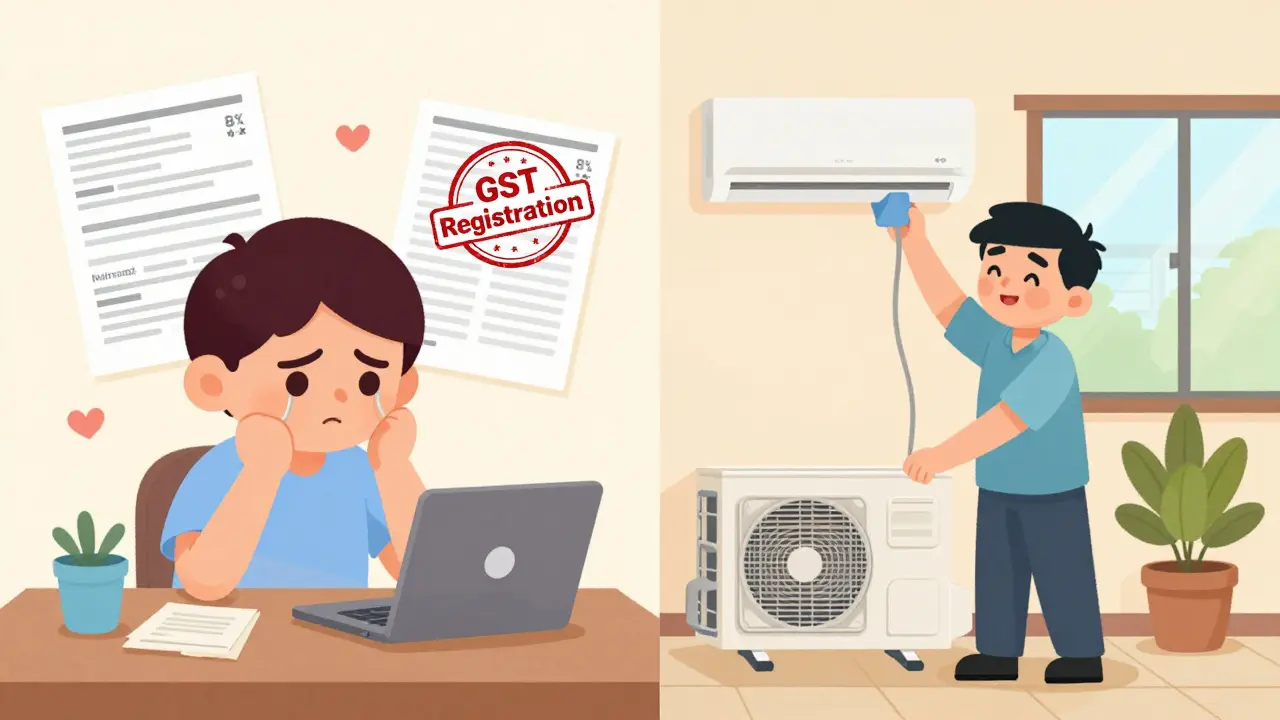 NRI on laptop with tax forms vs. local caretaker fixing AC in Bengaluru apartment.