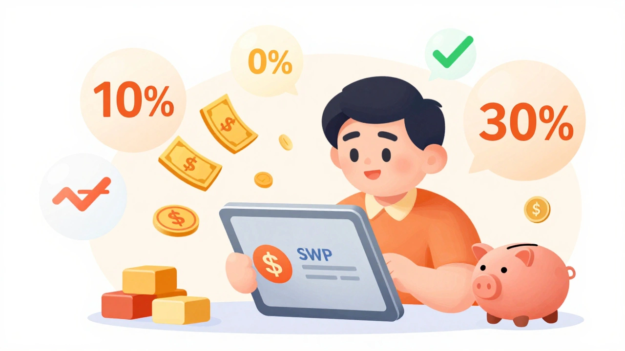 Person setting up a systematic withdrawal plan on a mutual fund app with tax savings illustrated.