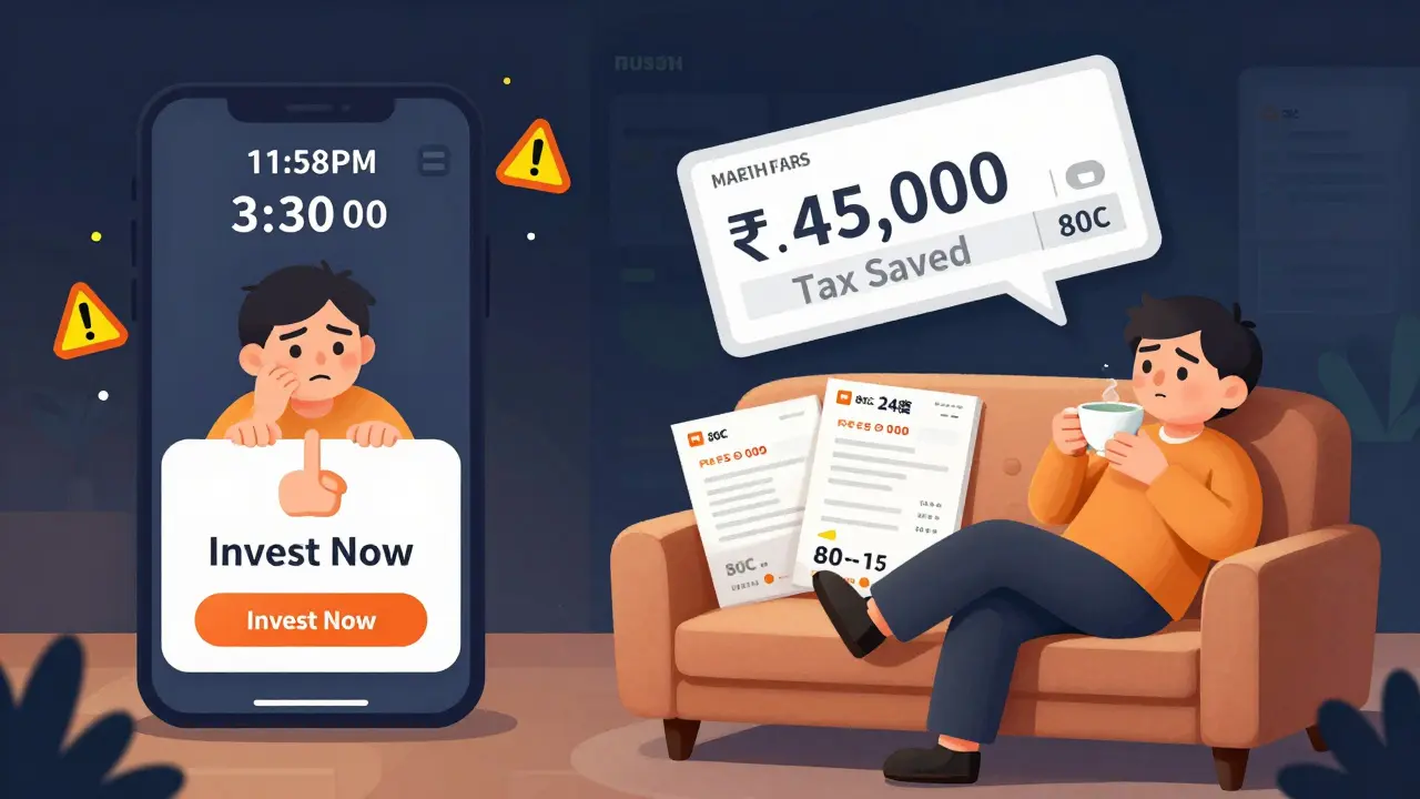 Split scene: one person rushing to invest on March 30 vs. another relaxed after investing on March 15 with a tax savings check.