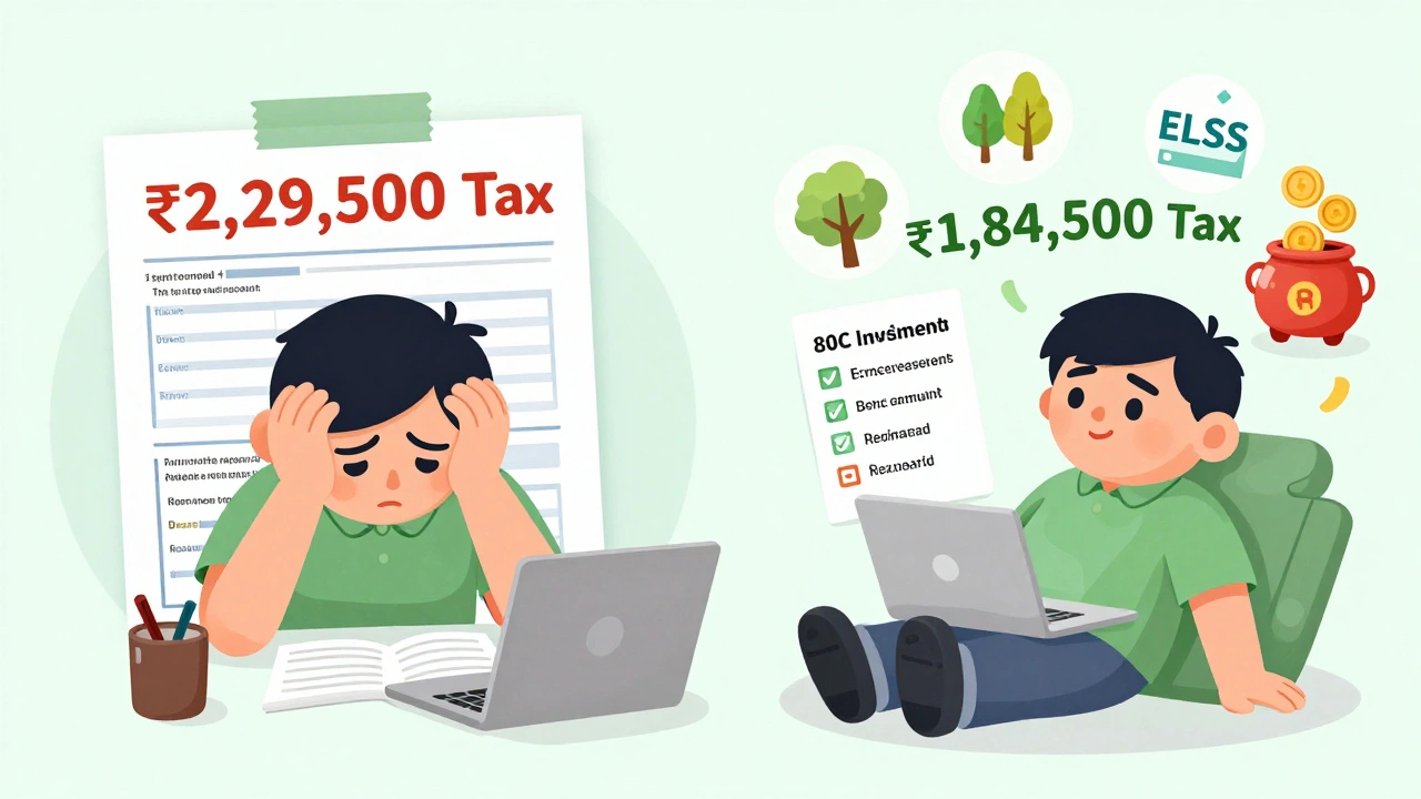 Split scene: one side stressed by high tax, other side relaxed with 80C investments reducing tax bill, ELSS and PPF icons growing above.