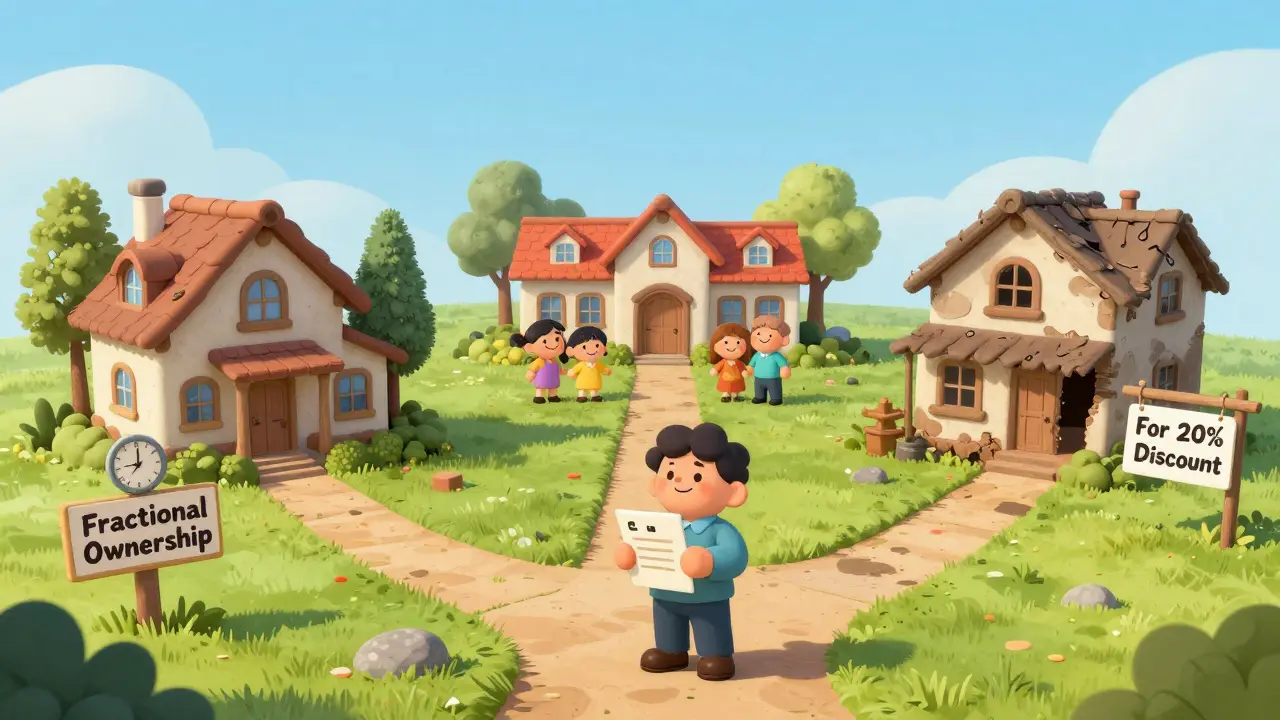 Three paths from a house: fractional ownership, timeshare, and abandoned property.