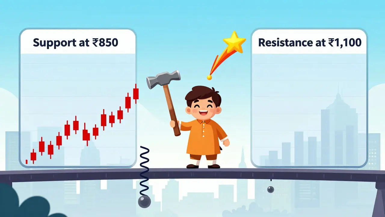Trader standing between support and resistance levels on a stock chart with candlestick patterns.