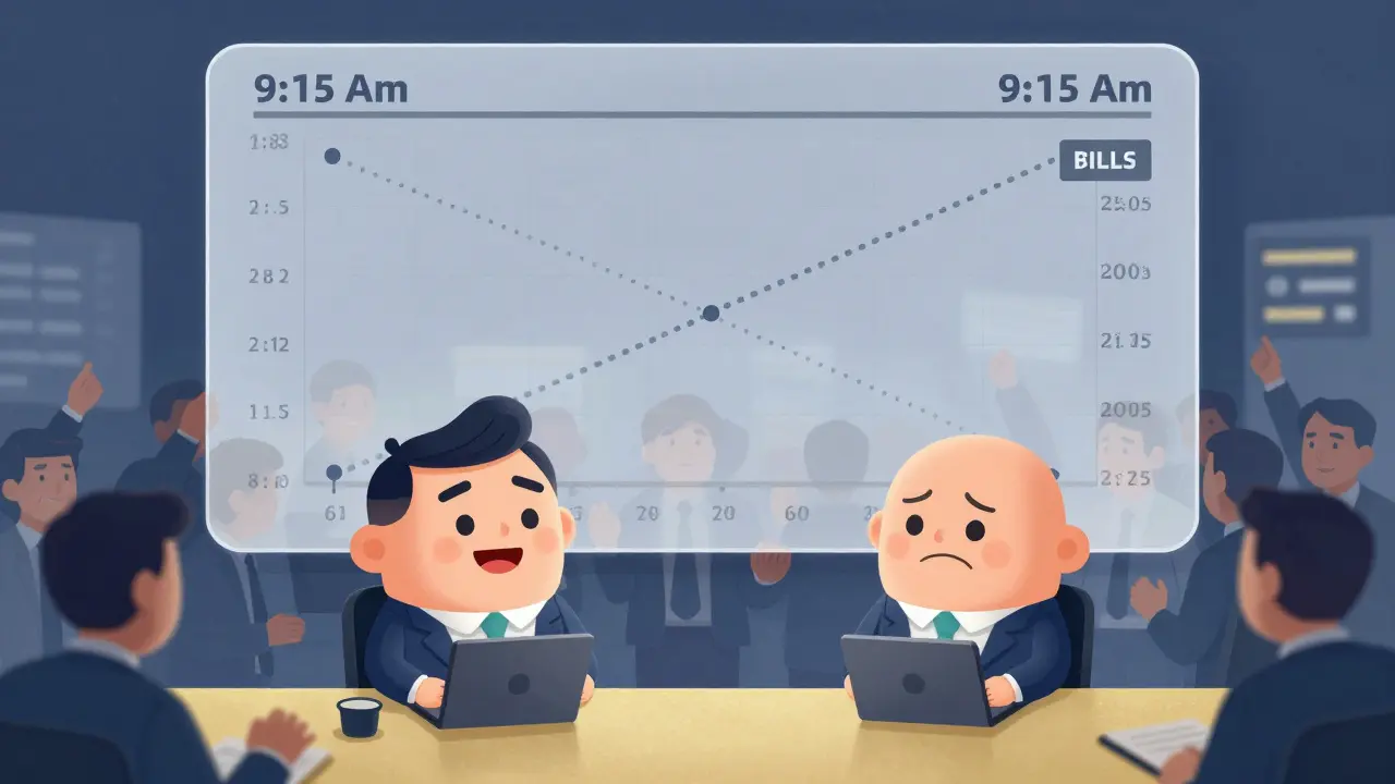 Two investors react to opening prices—one happy, one overwhelmed by the crowd at 9:15 AM.