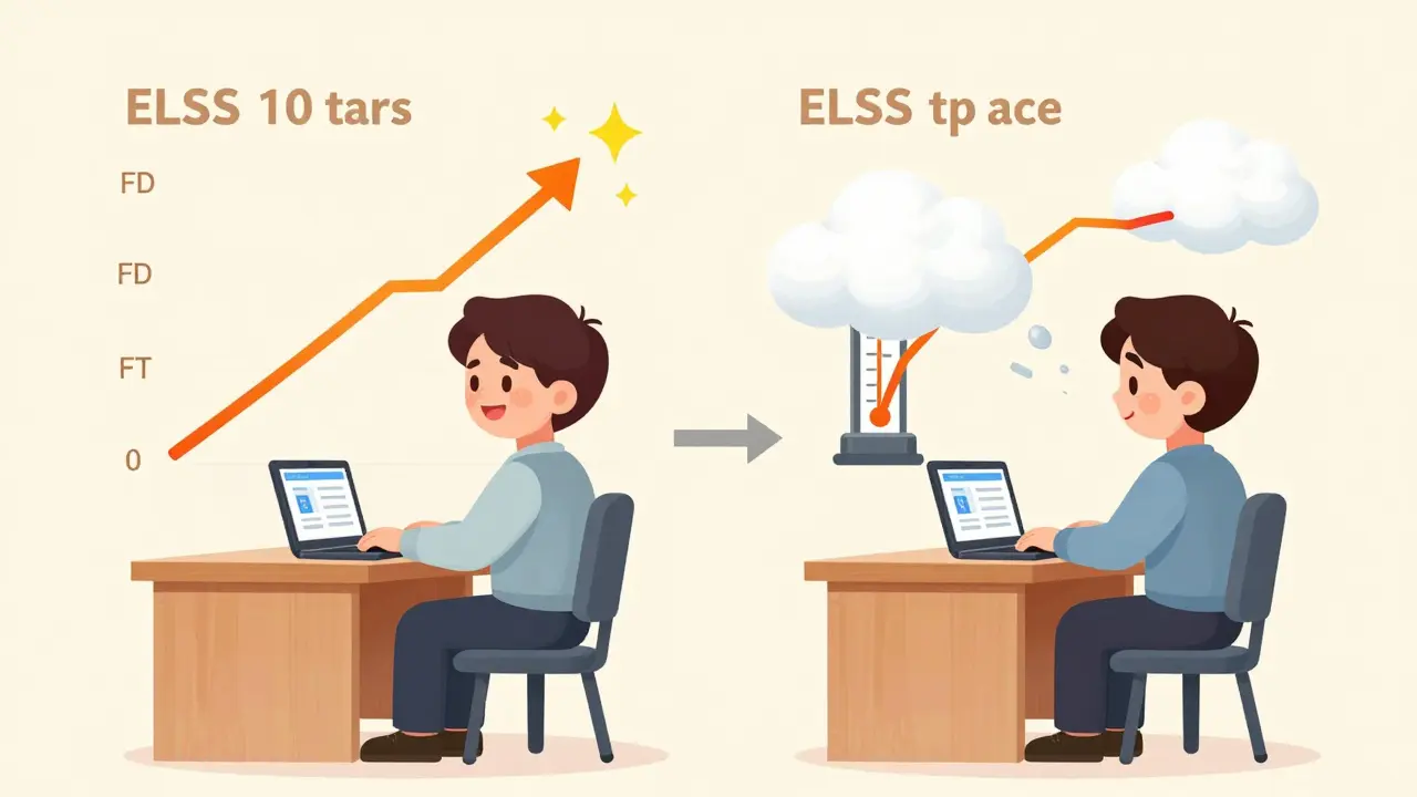 Two timelines showing ELSS growth versus Tax-Saving FD with inflation clouds eroding value over time.