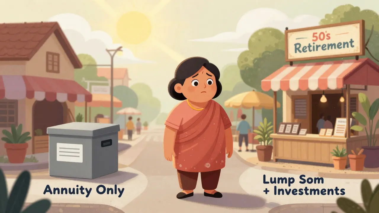 Woman at retirement crossroads chooses investments over plain annuity for vibrant future.