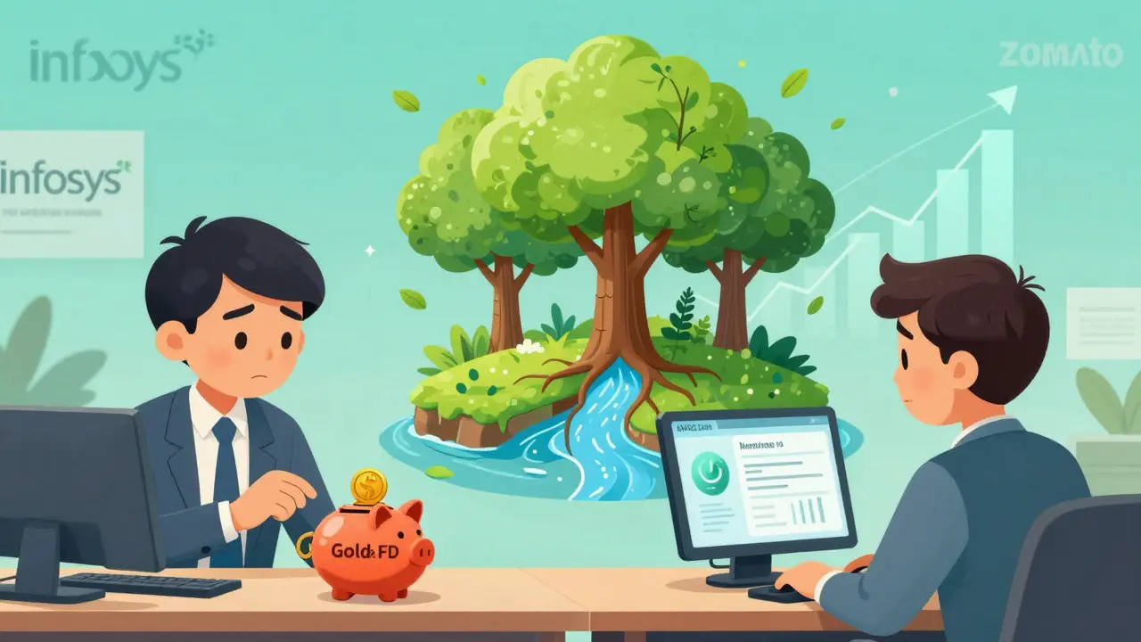 Young professional compares traditional savings jar with growing NPS investment forest.