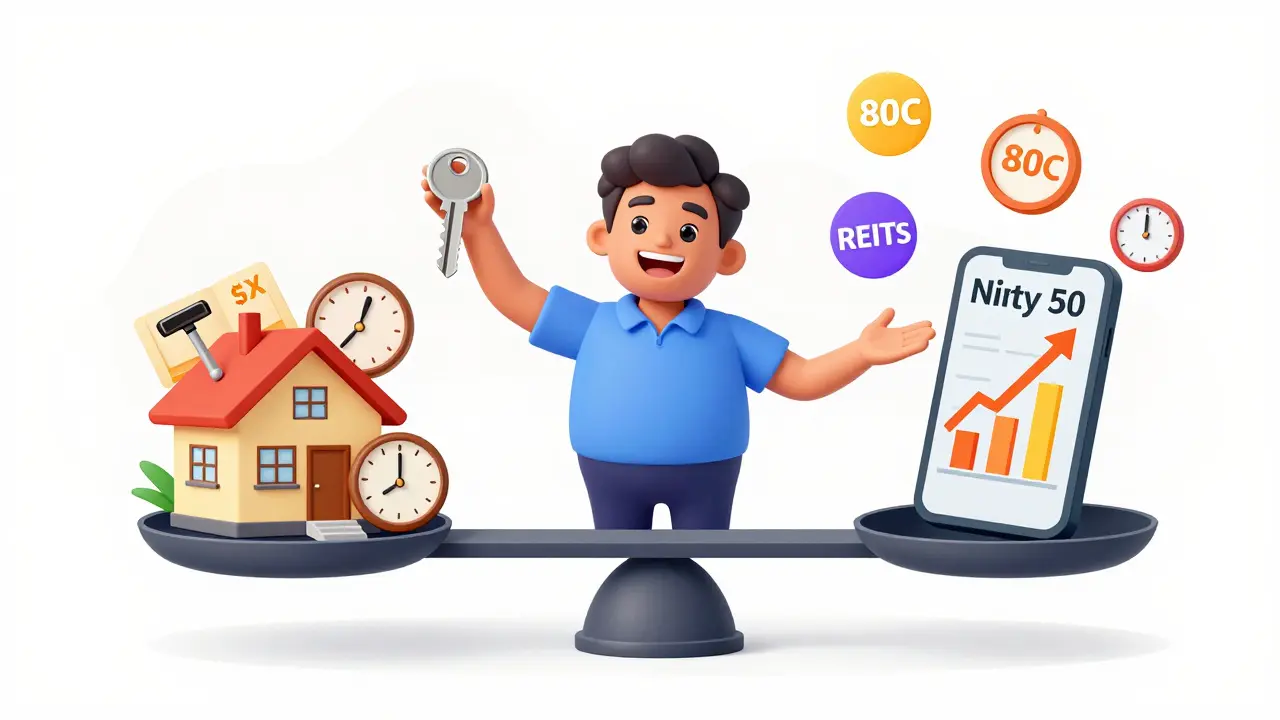 A balanced scale with property costs on one side and a smartphone triggering stock growth on the other, with tax icons floating nearby.