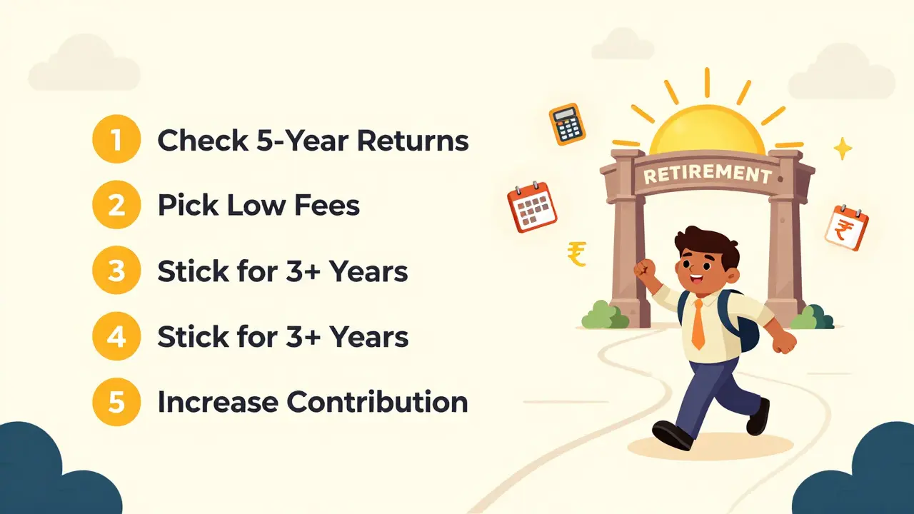 A determined investor walking a checklist path toward a glowing retirement gate with financial icons.
