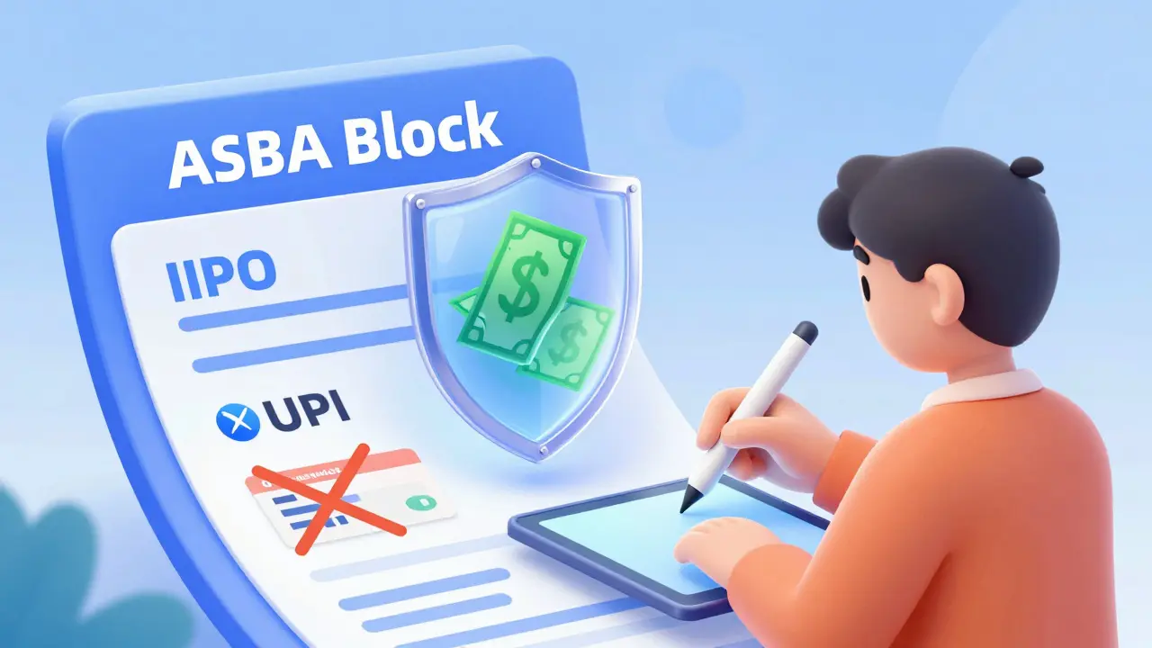 A digital IPO application with ASBA block protecting funds, UPI and cheques marked invalid.