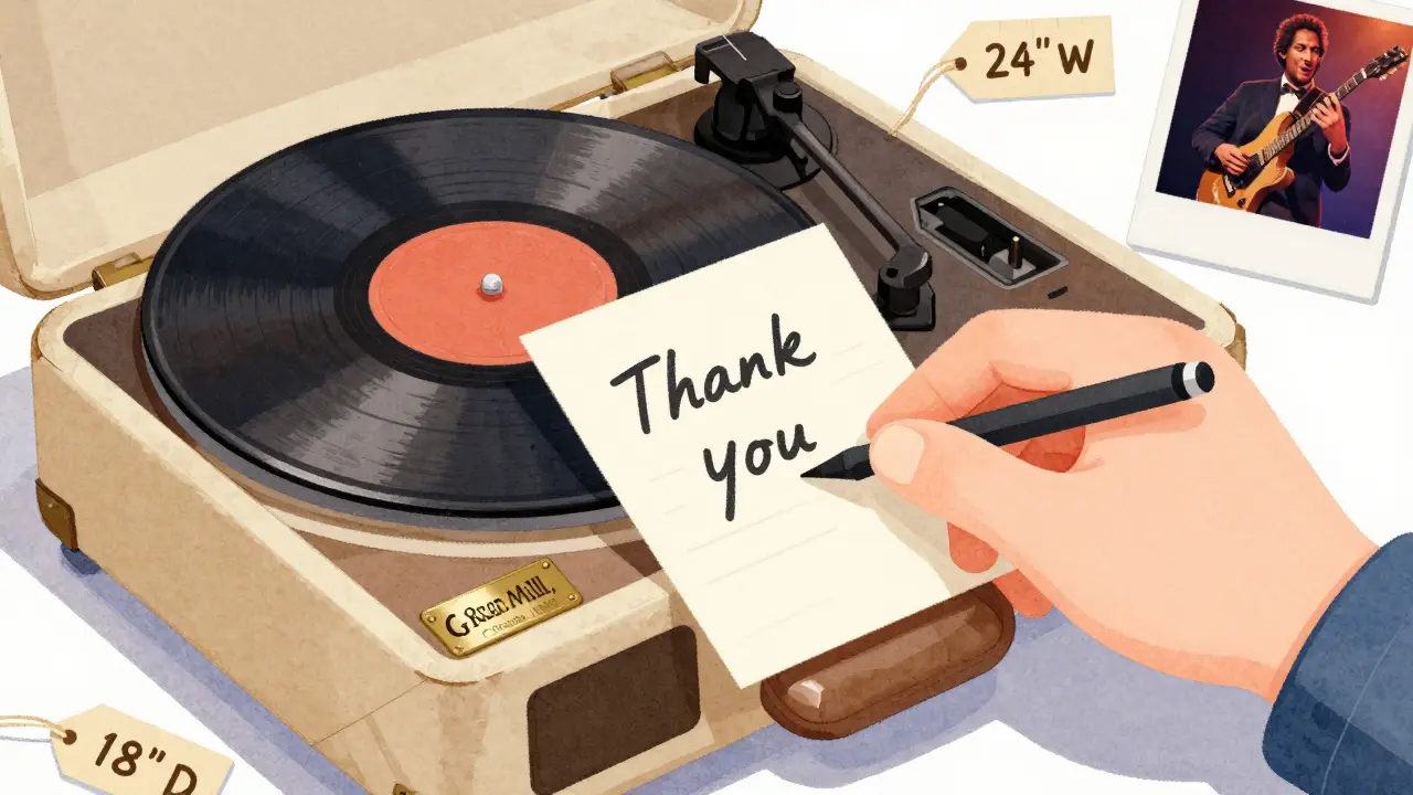 A hand placing a handwritten note beside a wrapped vintage record player with measurements and a jazz photo nearby.