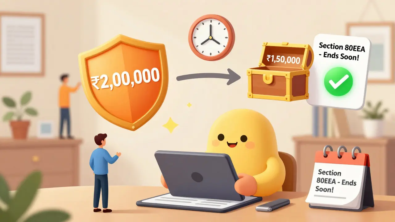 A homebuyer sees interest and principal payments split into tax-saving shields and treasure chests.