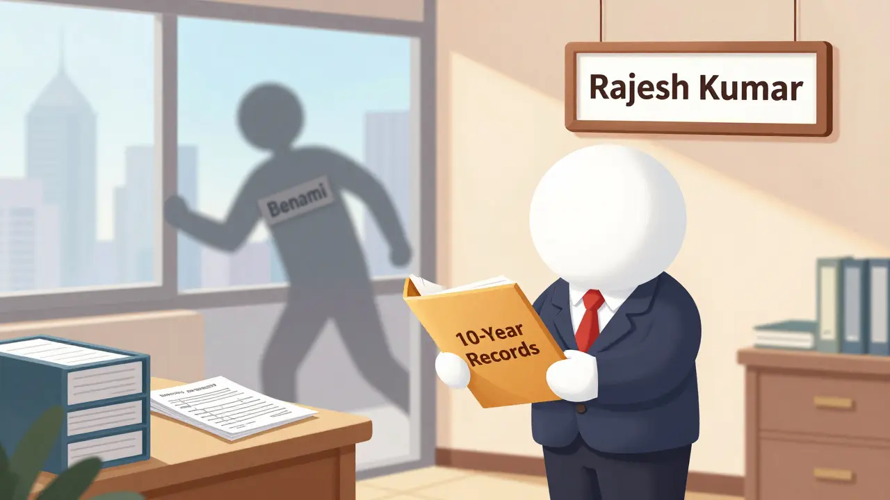 A man holds property documents in a bright home, shadow of benami deal fading away as he stays compliant.