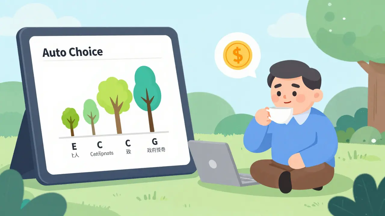 A person managing NPS investments with equity, bonds, and government securities as growing trees, enjoying retirement in a garden.