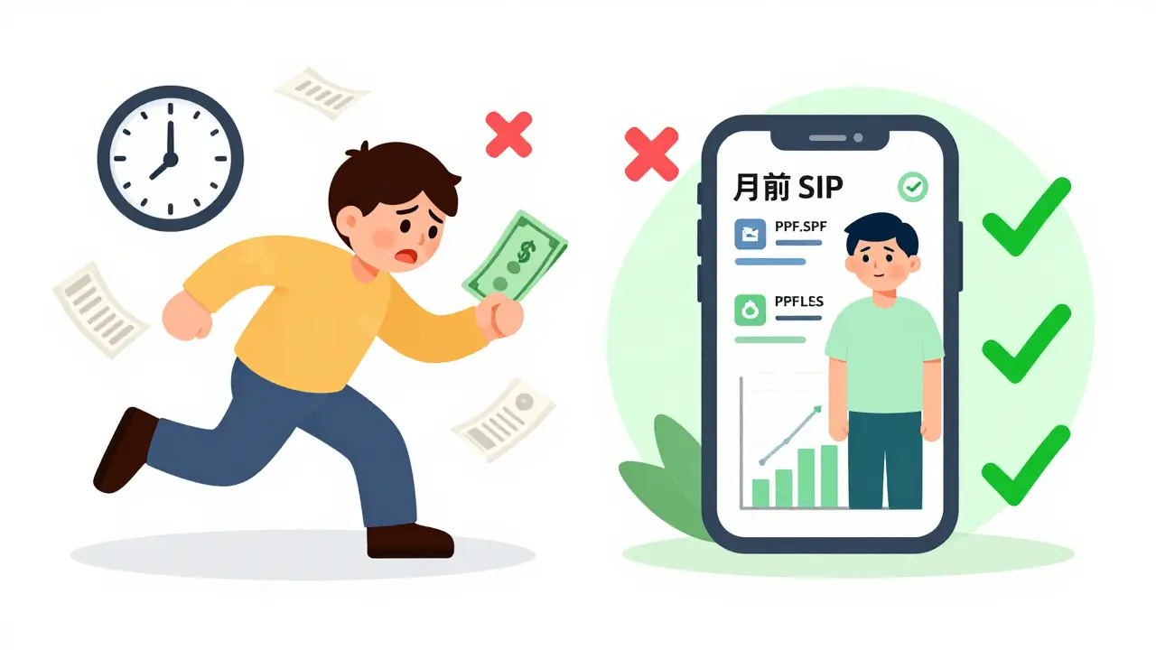 A split scene: one person rushing to invest on March 30, another calmly investing monthly with SIP reminders and growing accounts.