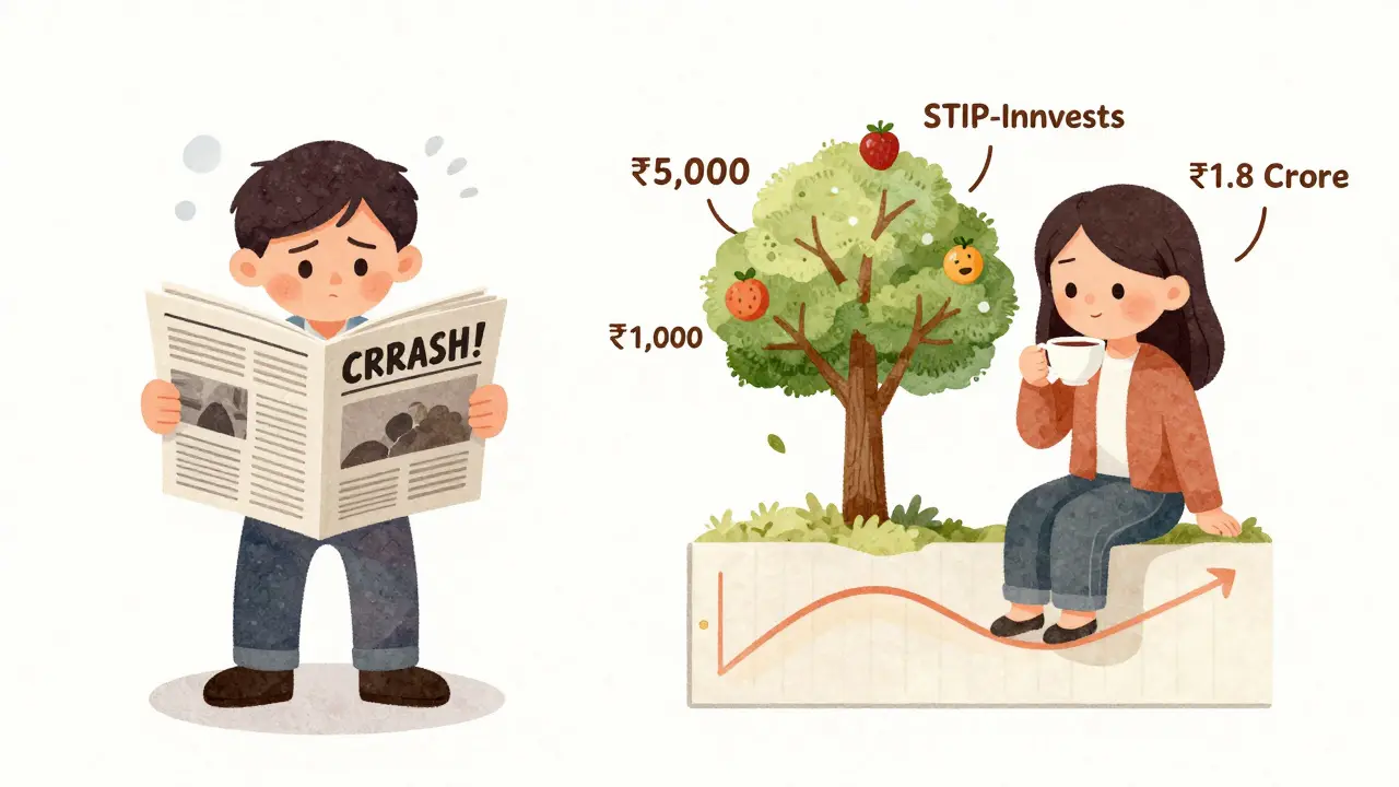 A stressed man frozen by market news vs. a calm woman with a growing tree of compound wealth from her monthly SIP investments.
