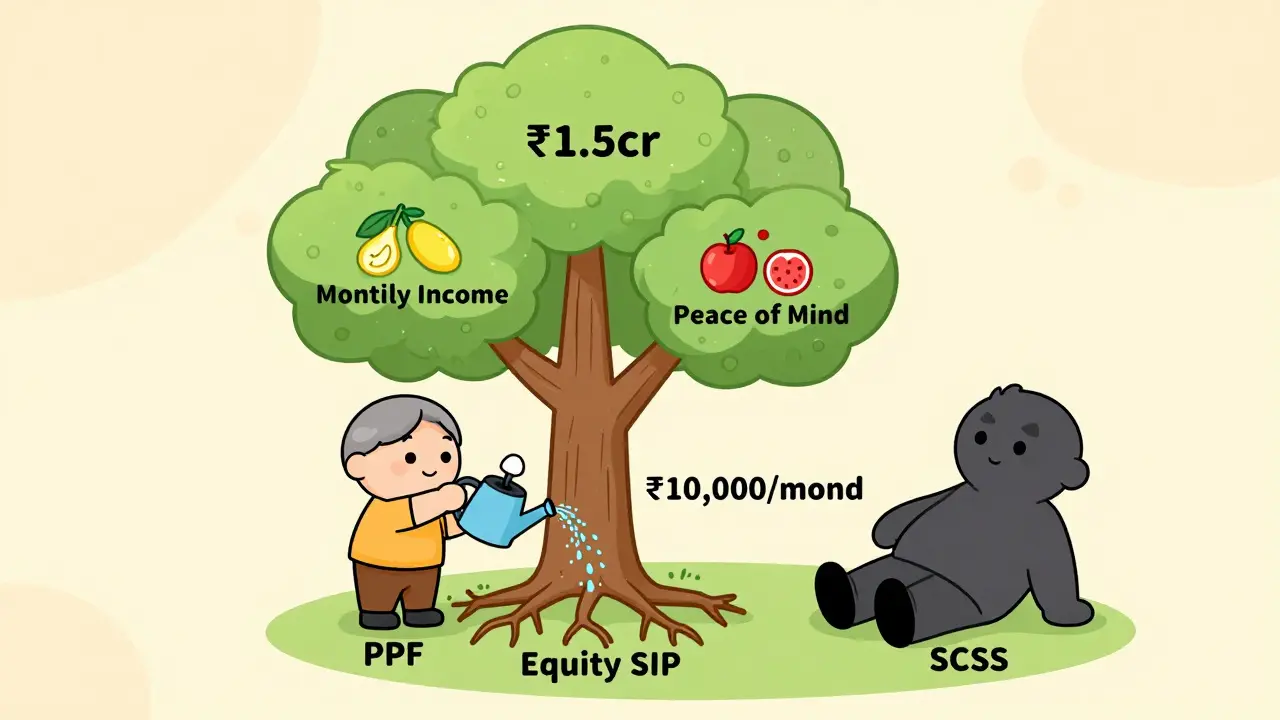 A tree with investment roots growing into retirement benefits, tended by a young person.