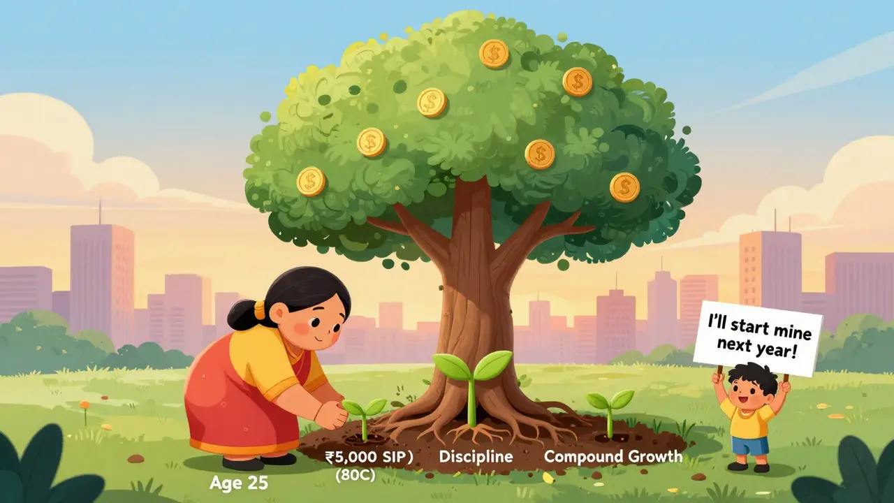 A woman planting an SIP seed at age 25 that grows into a massive tree of wealth by age 60, symbolizing long-term compounding.