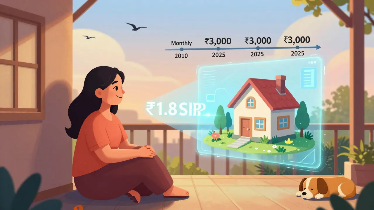 A woman watches her SIP grow into a house, with a timeline showing 15 years of small monthly investments turning into financial freedom.