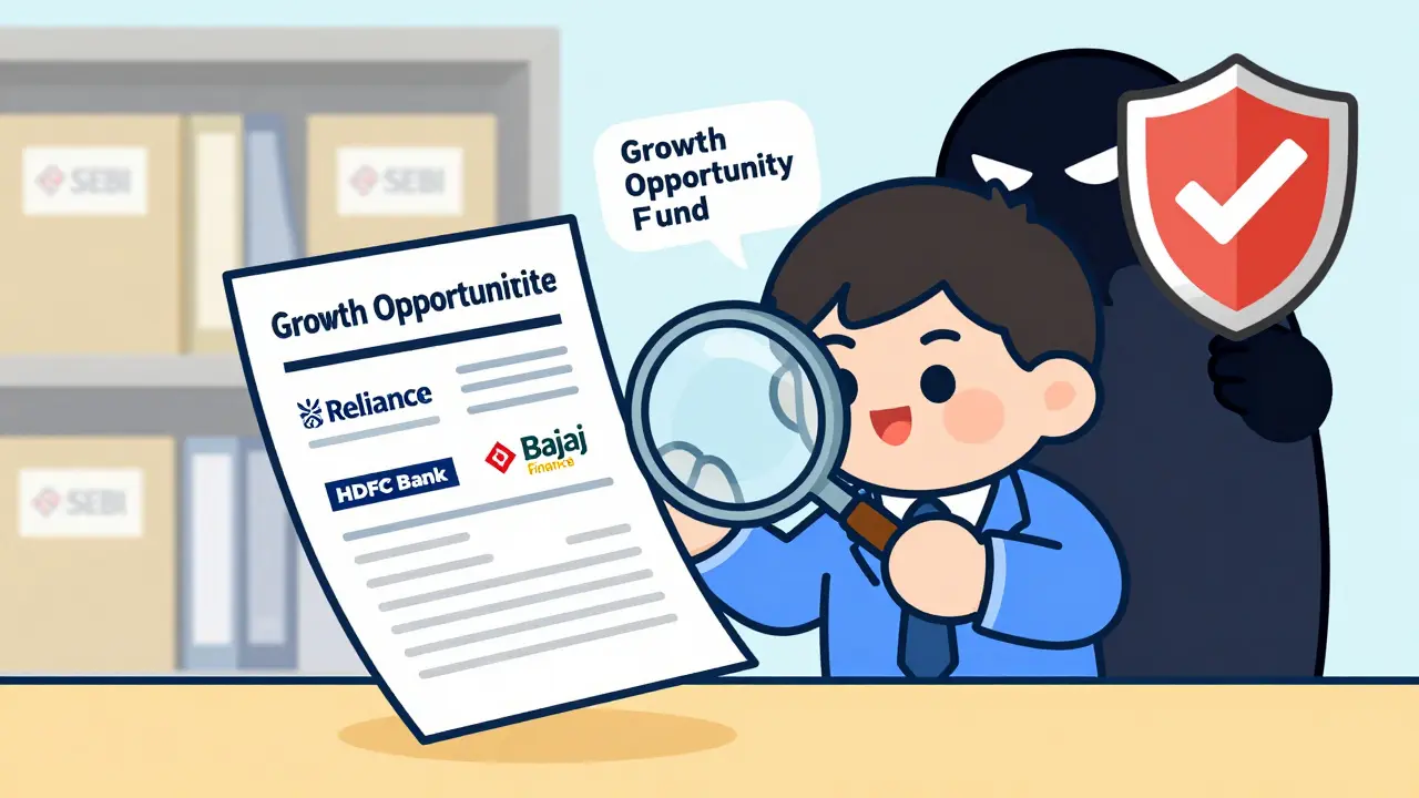 A young investor examines a mutual fund factsheet while a SEBI shield blocks misleading labels.