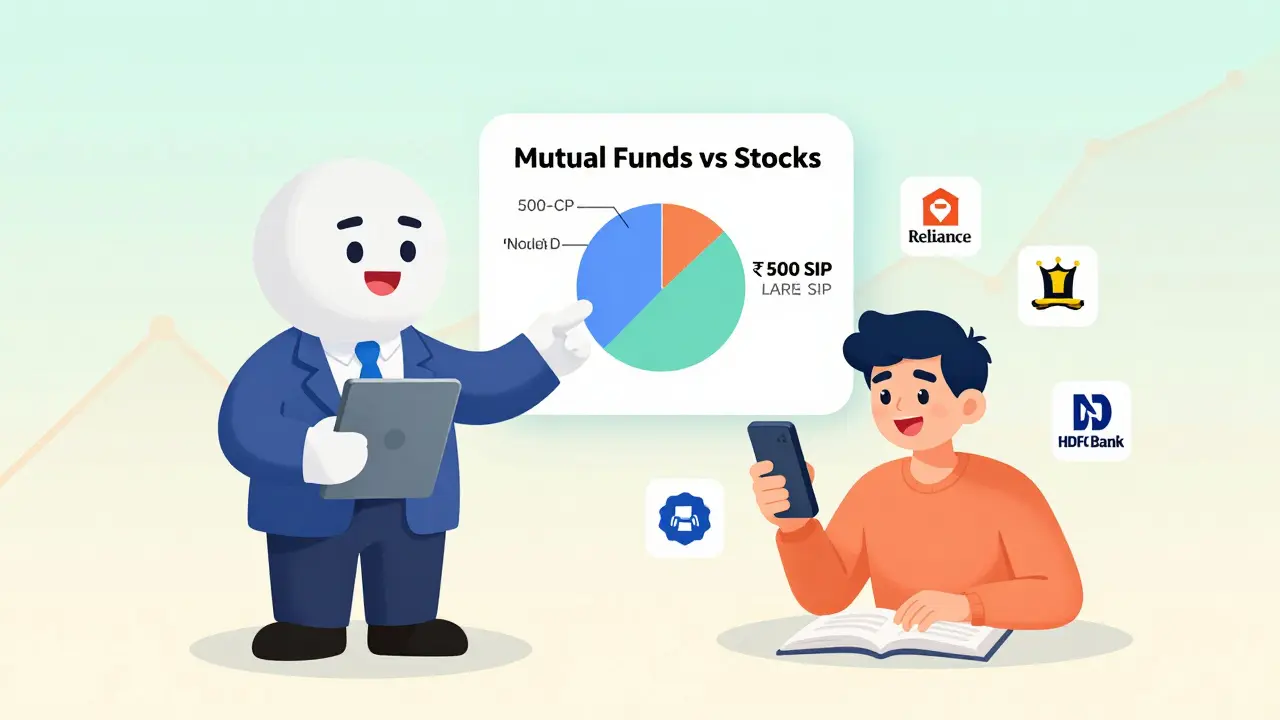 A young person setting up a ₹500 mutual fund SIP with a broker guiding them via tablet.