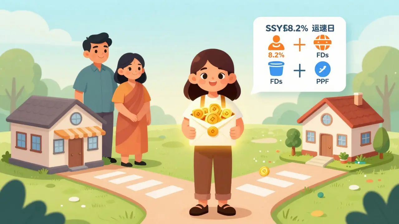 A young woman at age 21 holding her SSY maturity amount, standing at a crossroads representing education, business, and home ownership.