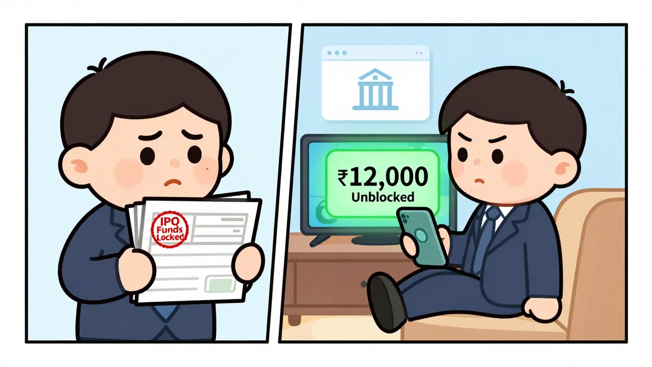 An investor compares old IPO delays with instant ASBA refunds on their phone screen.