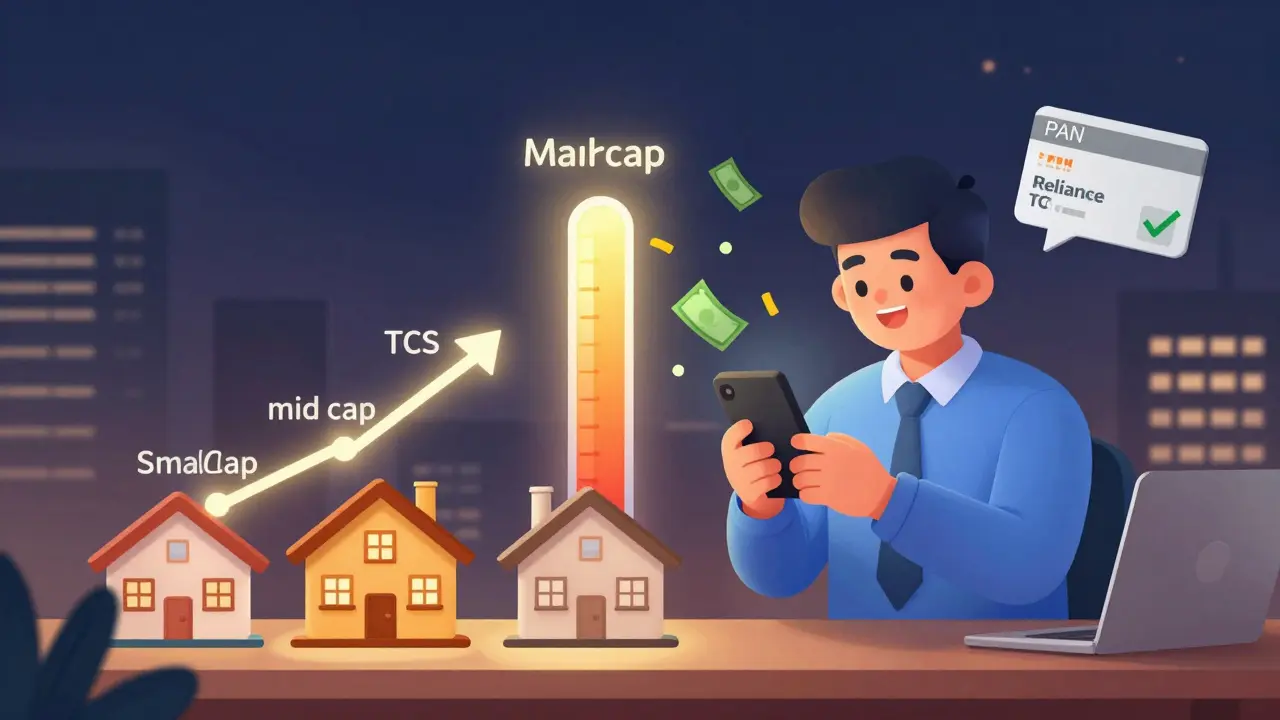 An investor receiving dividend payments as confetti, with market cap houses and high-volume stocks nearby.