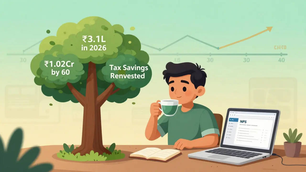 Arjun watches his NPS corpus grow like a tree over time, with tax savings and compound growth shown visually.