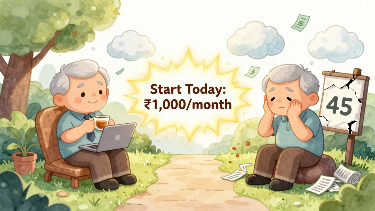 Contrast of a peaceful retired freelancer versus a stressed one, connected by a glowing path labeled 'Start Today'.