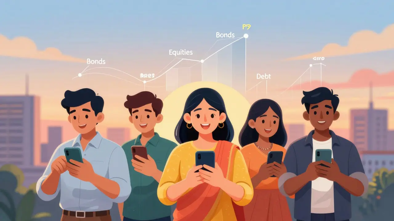 Diverse Indians contributing to NPS via phones, with rising asset graphs above them.