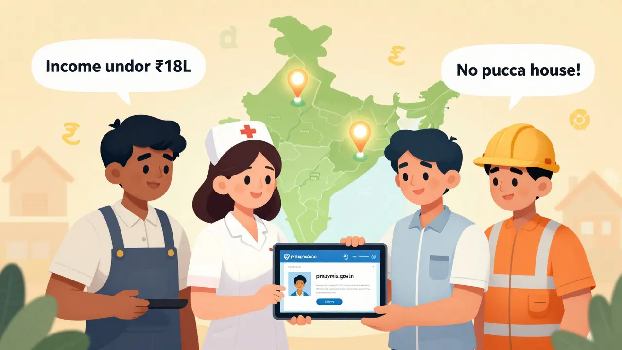 Diverse individuals checking PMAY eligibility on a tablet, with glowing city pins for Surat, Ahmedabad, and Indore on a map.
