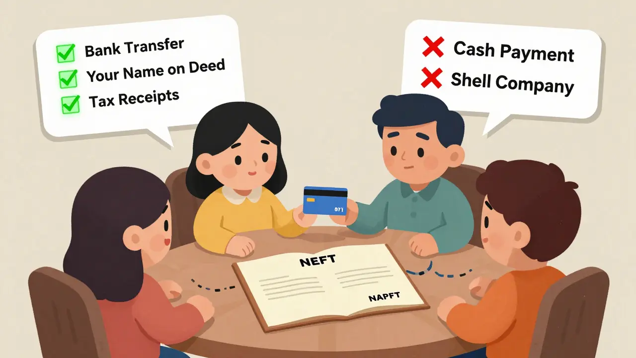 Family at table with property deed; green checkmarks for legal payments, red X for cash and shell companies.