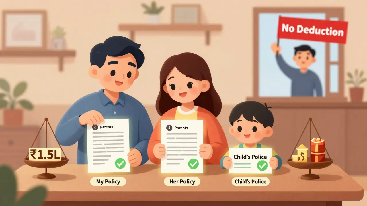 Family with individual insurance policies glowing with approval, while parents' policy has a red no-deduction sign.