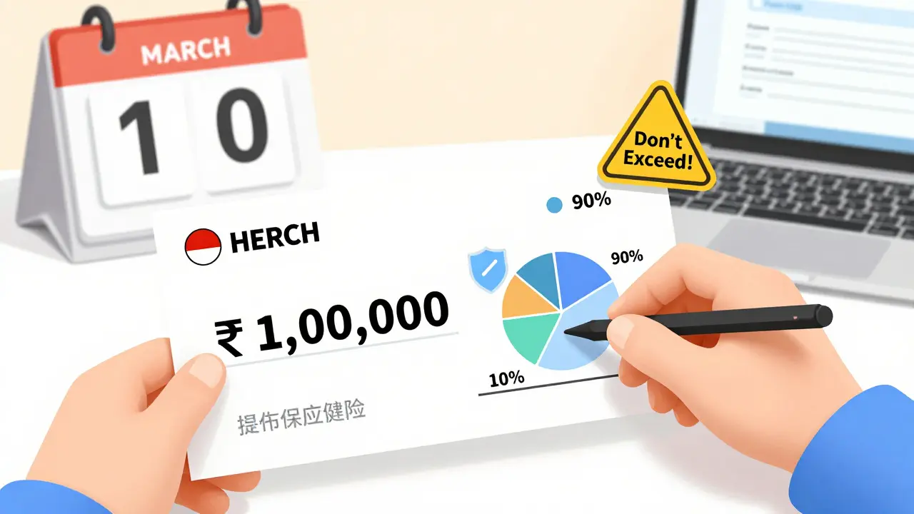 Hand writing a premium check with a transparent overlay showing premium-to-sum-assured ratio and tax shield.