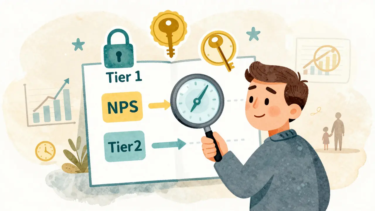 Middle-aged man comparing NPS Tier 1 and Tier 2 features with floating icons of locks, taxes, and time.